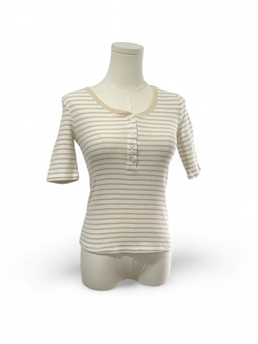 Joe's Jeans Cream White Stripe Henley Short Sleeve Waffle Knit Button Down Small
